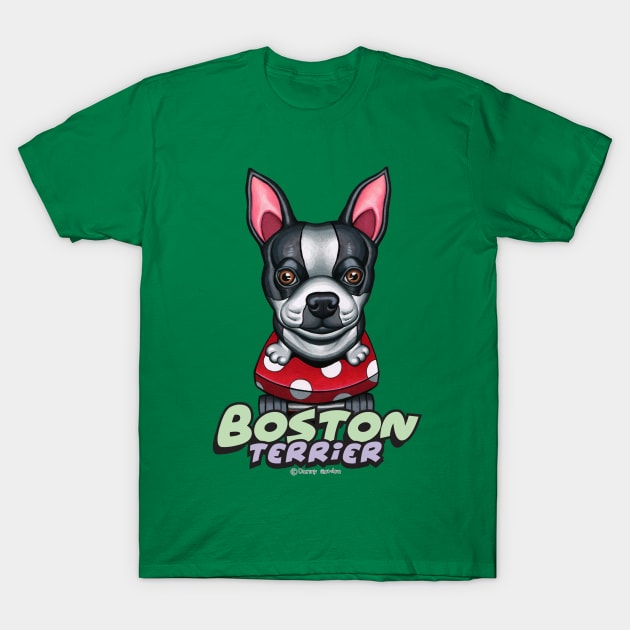 Cute adorable awesome Boston Terrier on Red Polka Dot Skateboard T-Shirt by Danny Gordon Art